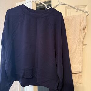 Aerie Offline Navy Blue Sweatshirt and Beige Sweatpants Set